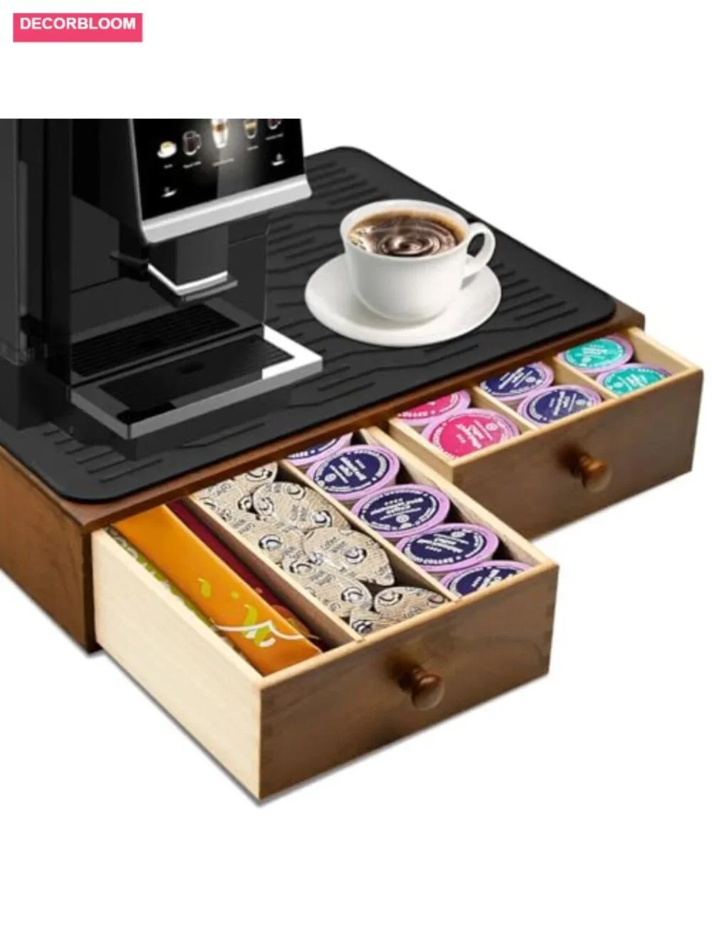 Wooden Coffee Pod Drawer Holder for Counter 30 Pod Capacity with 2 Drawers